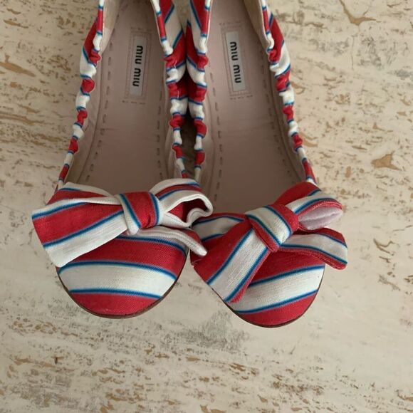 Miu miu stripe bow flats size 38 nautical summer beach - Picture 7 of 11